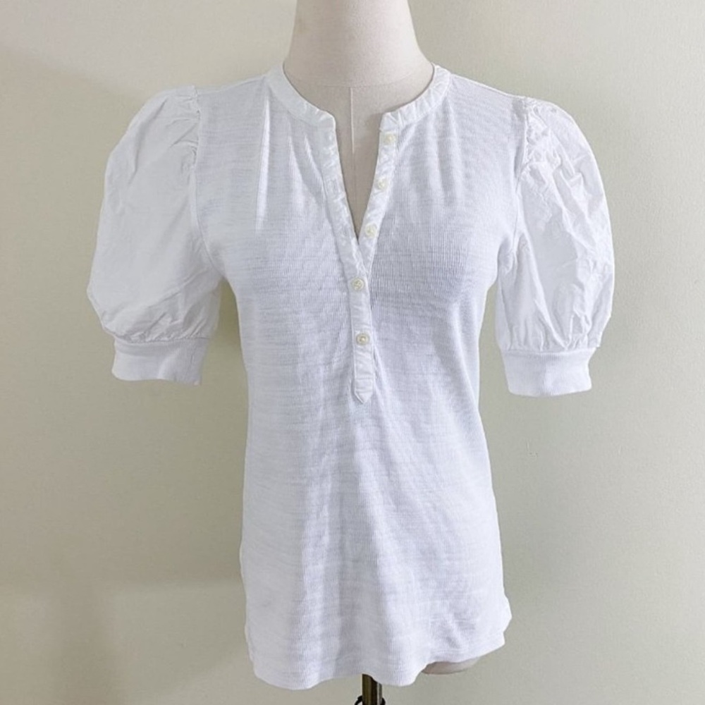 LOFT puff sleeve mixed media top